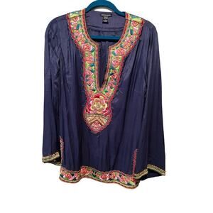 Boston Proper Blouse Top Women Size L Blue Embroidered Long Sleeve Plunge V-Neck